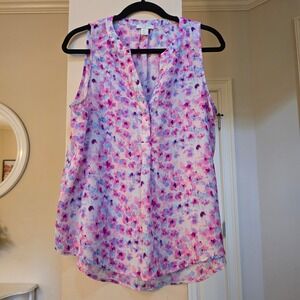 Saint Tropez West Womens Pink Purple Watercolor Floral Sleeveless Blouse Large